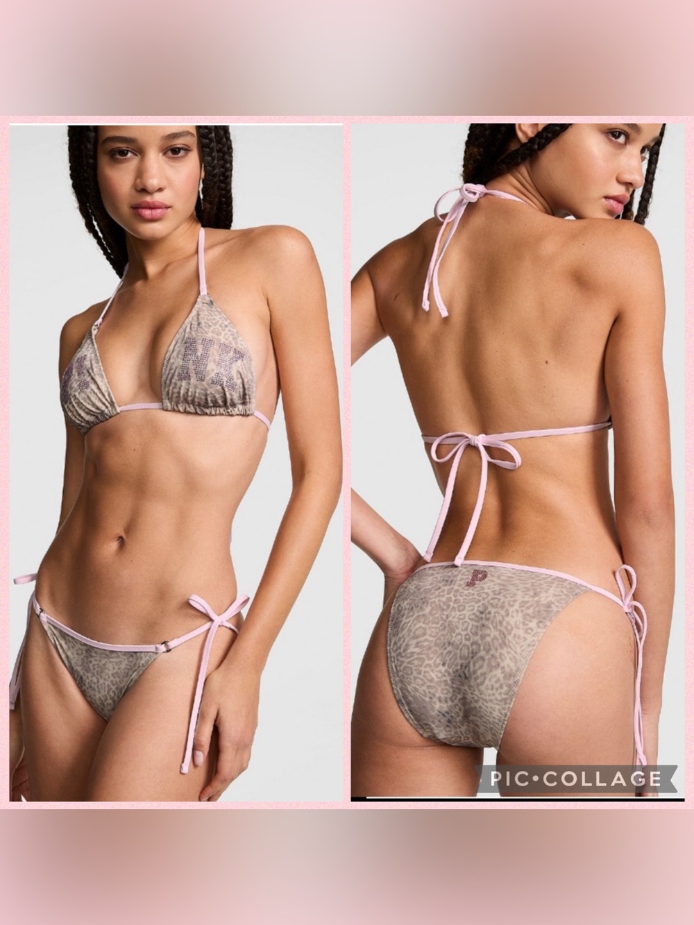✨VS Pink bling pink & tan leopard print bikini 2 pc swimsuit sz M NWT